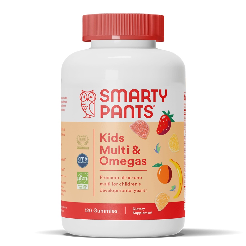 SmartyPants Kids Multivitamínové Gummy: Omega 3 Rybí olej (EPA/DHA), Vitamín D3, C, vitamín B12, B6, A, K & Zinok pre imunitnú podporu, Biotín, bezlepok, Tri ovocné príchute, 120 Počet (30 dní)