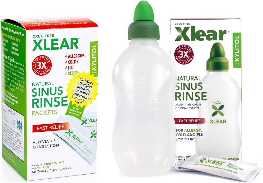 Xlear Natural Xylitol Sinus Rinse Refill, Neti Pot Saline Packets - Čistič nosa pre rýchlu tlakovú a kongesciu Relief, pracuje s najnazálnejšou zavlažovanie systémy, 50 Počet a 1 oplachovacie fľaše