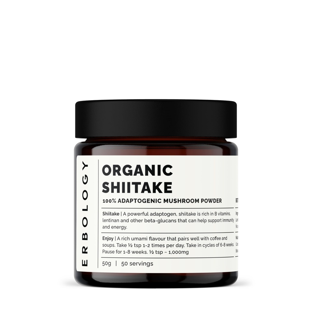 Erbology Organic Shiitake Mushroom Powder 50 Servisné služby - 11% Betaglukány - Imunita a energia - Lentinula edodes - Malý dávkový - Trvalo udržateľný rast v Európe - Vegan - Non-GMO - Žiadne pridané výplne