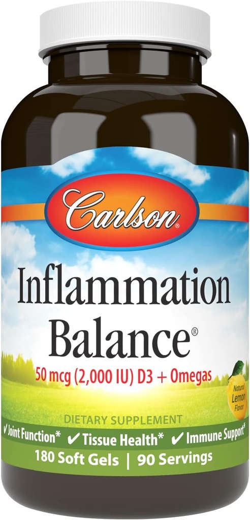 Carlson - Zápalová bilancia, vyvážená Omega-3 & Omega-6 pomer, s D3, nórsky, Wild-Caught Fish Oil Supplement s mastnými kyselinami, Udržateľne Zdroj Fish Oil Kapsule, 180 Softgels