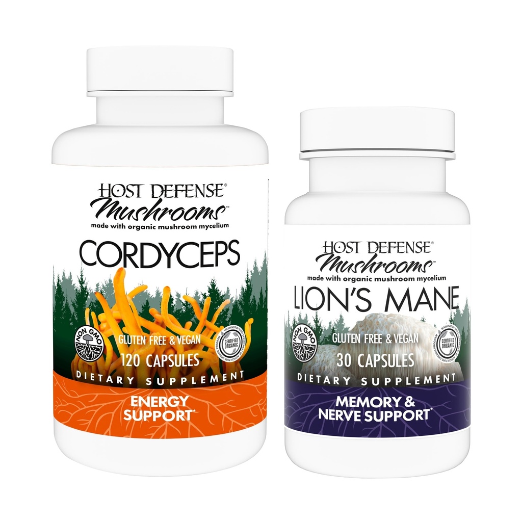Host Defense Bundle s Cordyceps Kapsule, 120 Gróf & Lion Mane Kapsule, 30 Gróf - Podpora Immune Health & Energy - Podpora Zdravie mozgu, pamäť a zameranie *