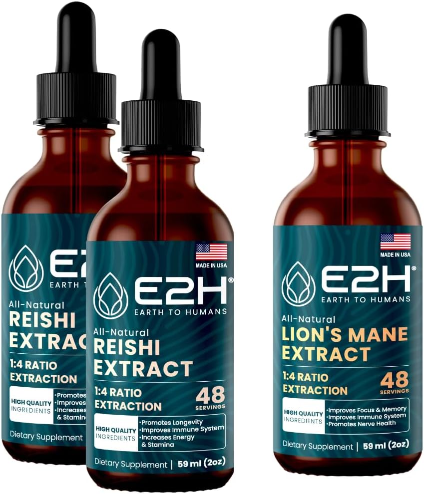 E2H: Reishi (2 balenia) & Lion's Mane Extracts - Energy, Longevity, Cognitive Sharpness, Imunity - Non-GMO, Vegan - 2 Fl Oz Each (6 Fl Oz celkom) - Bundle