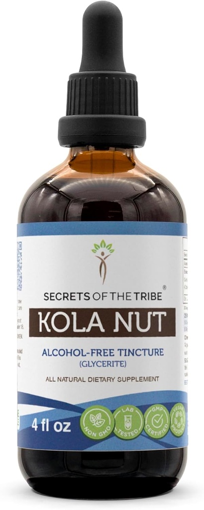 Tajomstvá extraktu bez obsahu alkoholu Tribe Kola Nut Tincture, Kola orech (Cola Acuminate) Sušený lint (4 FL OZ)