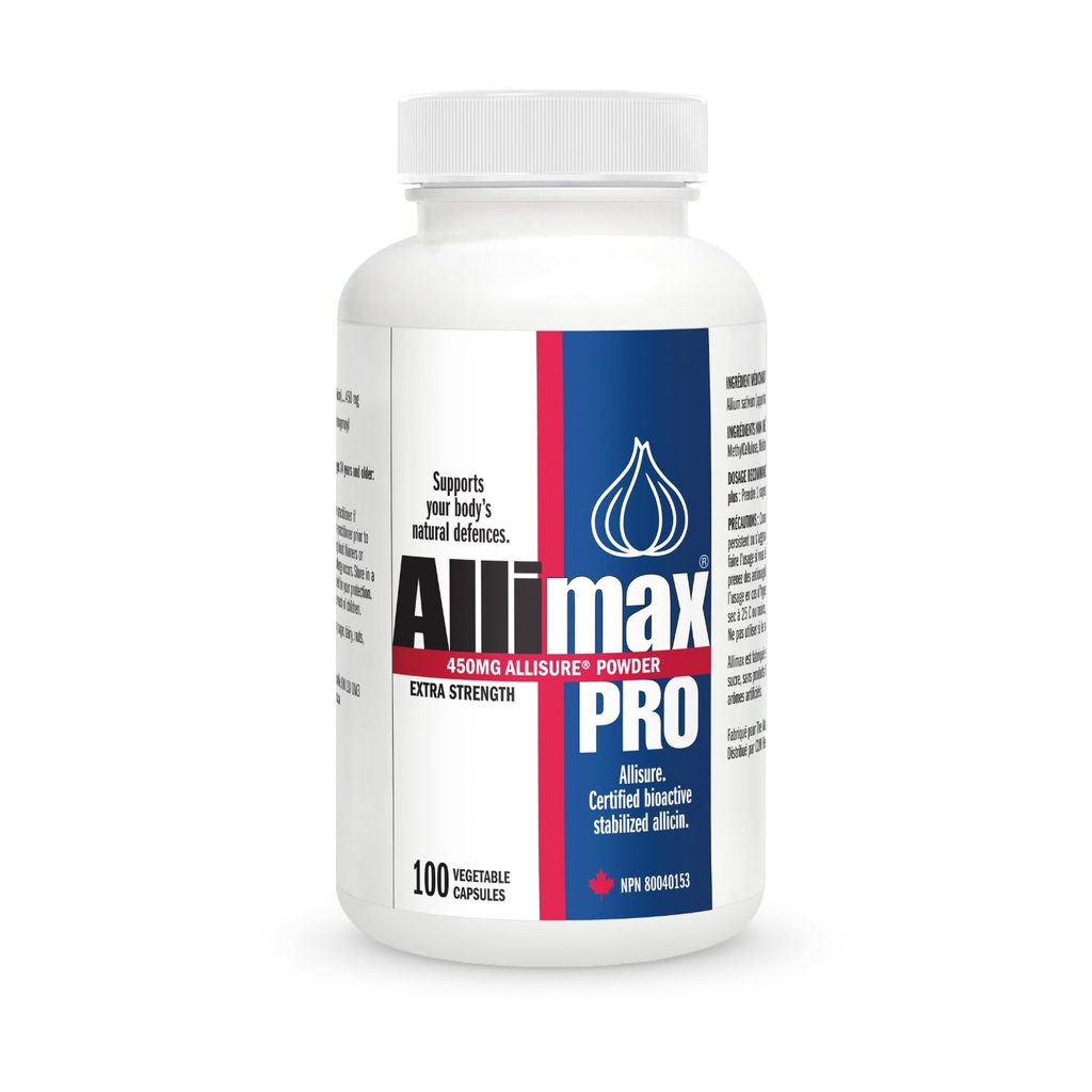 Allimax Pro 450 mg 100 Vegicaps. Allicin Cesnak doplnok na podporu vášho tela a imunitné funkcie. S Stabilizovaný Allicin extrahovaný z čistého a udržateľného španielskeho rastúceho cesnaku. Profesionálna sila