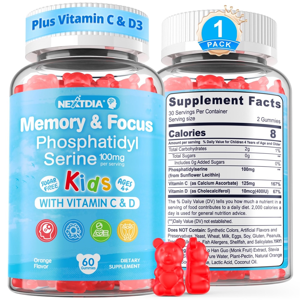 Fosfatidylserín Supplement 100mg, Focus Gummies for Kids Teens + Vitamin C & D3 400IU, Cukor Bezdychové deti Brain Gummies Zvýšenie pozornosti a koncentrácie, Žuvacia, Vegan, Gluten Free, Non-GMO 60Cts
