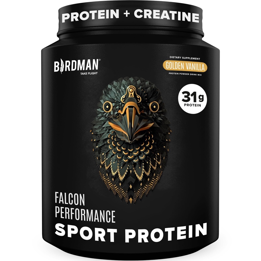 BIRDMAN Falcon Performance Vegan Protein Powder, 31g Protein, 5g Creatin, 5g BCAA, Probiotiká, Elektrolyty, Pre Cvičenie, Nízky Carb, Bez cukru a mliečnych výrobkov, Plant Based Vanilla Protein - 19 Servisov