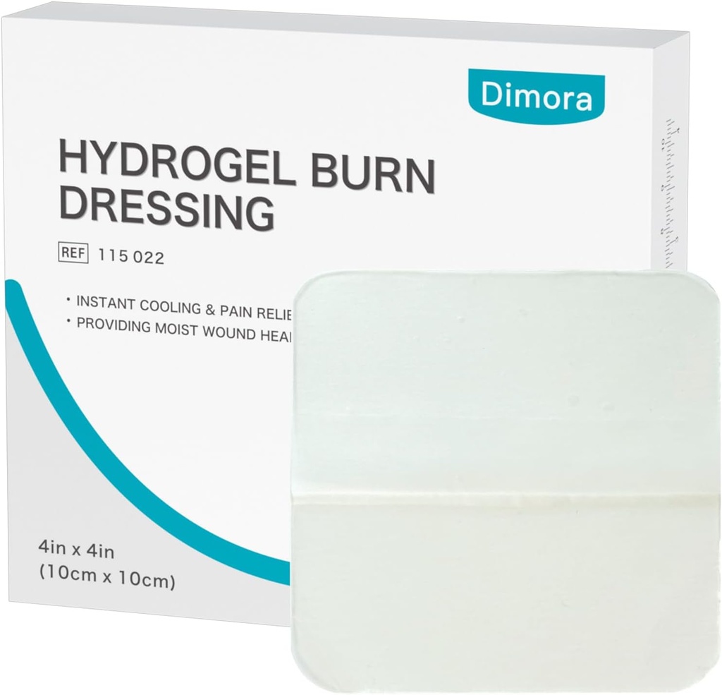 Dimora Hydrogel Burn Dressing 4" x 4" - Burn and Wound Dressing Instant Chooling Relief for Minor Burns & Wounds, Ukľudňujúce Moist Burn Pads for 1.-2. stupňa Burns, Rezy, Abrazions(10 Počet)