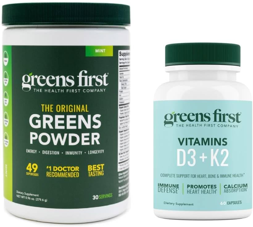 Greens First - Mincovňa - 30 Powder Greens Superfood, 49 Superfoods, 15+ Organic Fruit & Green, Dairy Free, Vegan & Non-GMO - 9.86 oz a D3+K2 Vitamíny, 60 Rastlinné kapsule