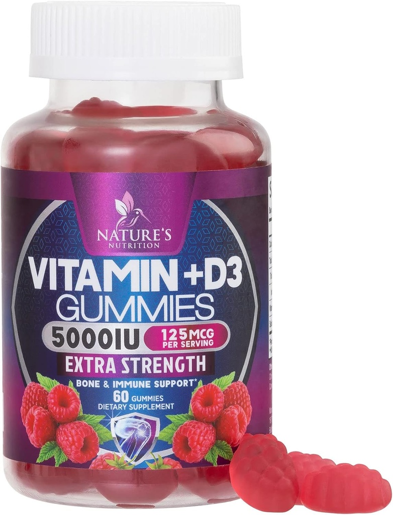 Vitamín D3 doplnok Gummy 5000 IU (125 μg) Dietetické vitamíny D pre mužov a ženy - kosti, zuby, svalové a imunitné zdravie podpora, vysoká potencia VIT D3 príroda non-GMO a lepidlo zadarmo - 60 Gumies