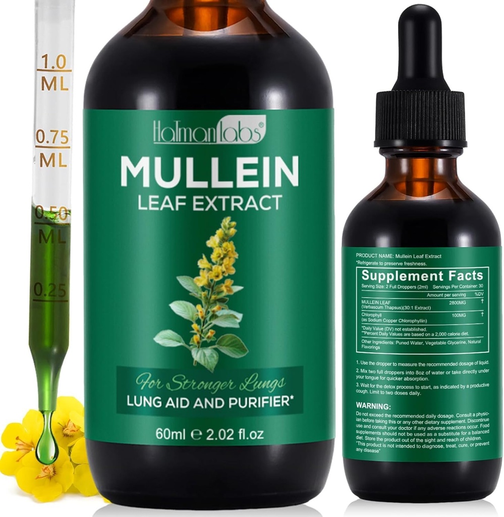 Mullein Leaf Extract pre Pľúca, Mullein kvapky pre Pľúca, Podpora pľúc, Dýchacie funkcie pre zdravé dýchanie, Zlepšenie pľúcnej funkcie, Prírodné a bezpečné doplnok (1 PC)