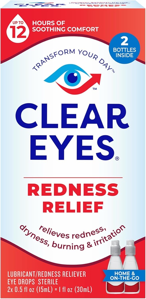 Clear Eyes Redness Relief Eye Drops, Whiten Eyes and Relieve Suchosť, pálenie a podráždenie, 2 x 0,5 Fl Oz, Twin Pack