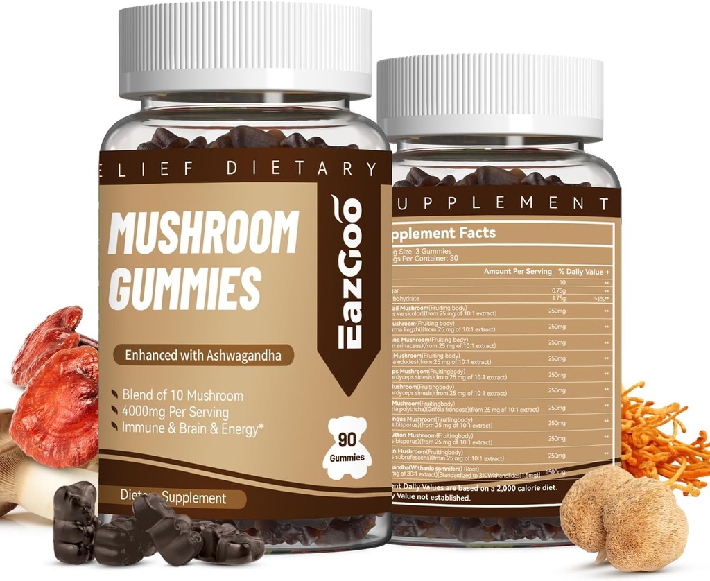 Supplement Mushroom Gummies - s Ashwagandha, Lions Mane, Shitake Huby, Turkey chvost, Chaga, a Cordyceps Mushrom pre imunitné zdravie, Mood & Stres Support (180 Gummies)