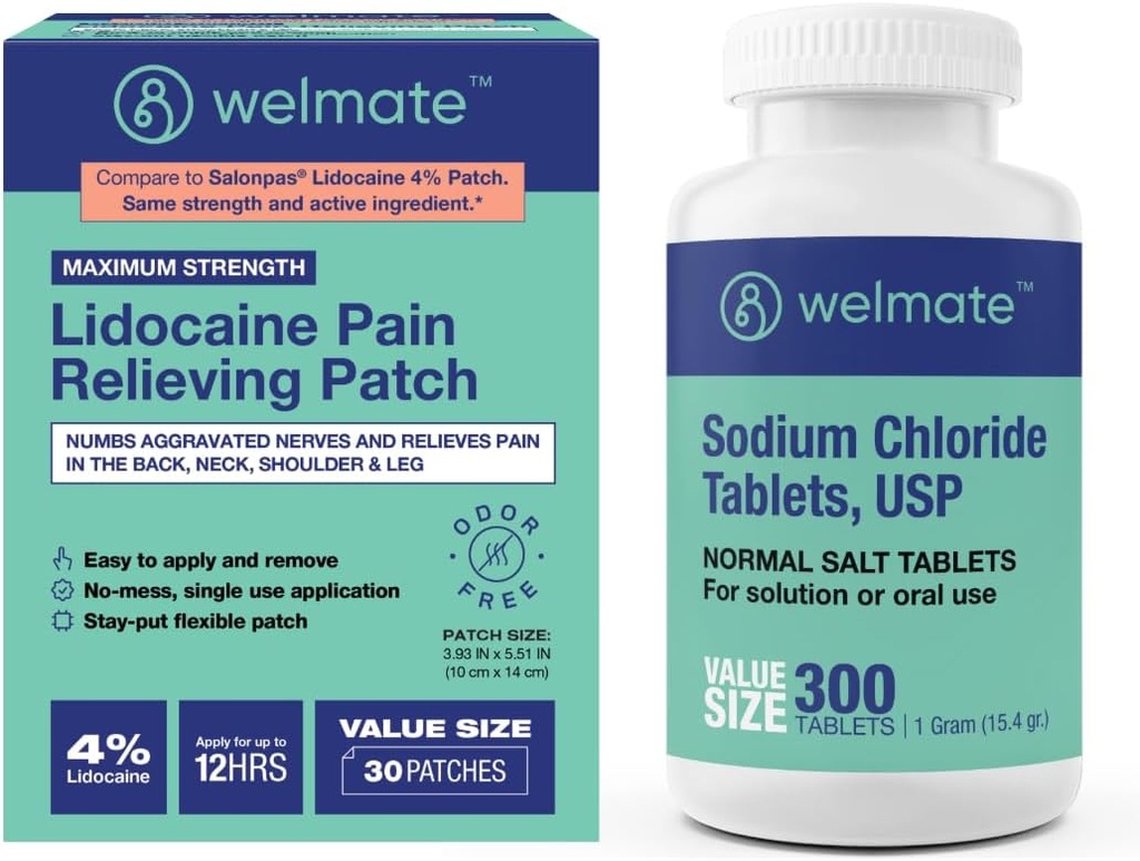 WELMATE Recovery Bundle: Tablety chloridu sodného, 300ct + 4% Lidokain Numbing Patch 30 ot