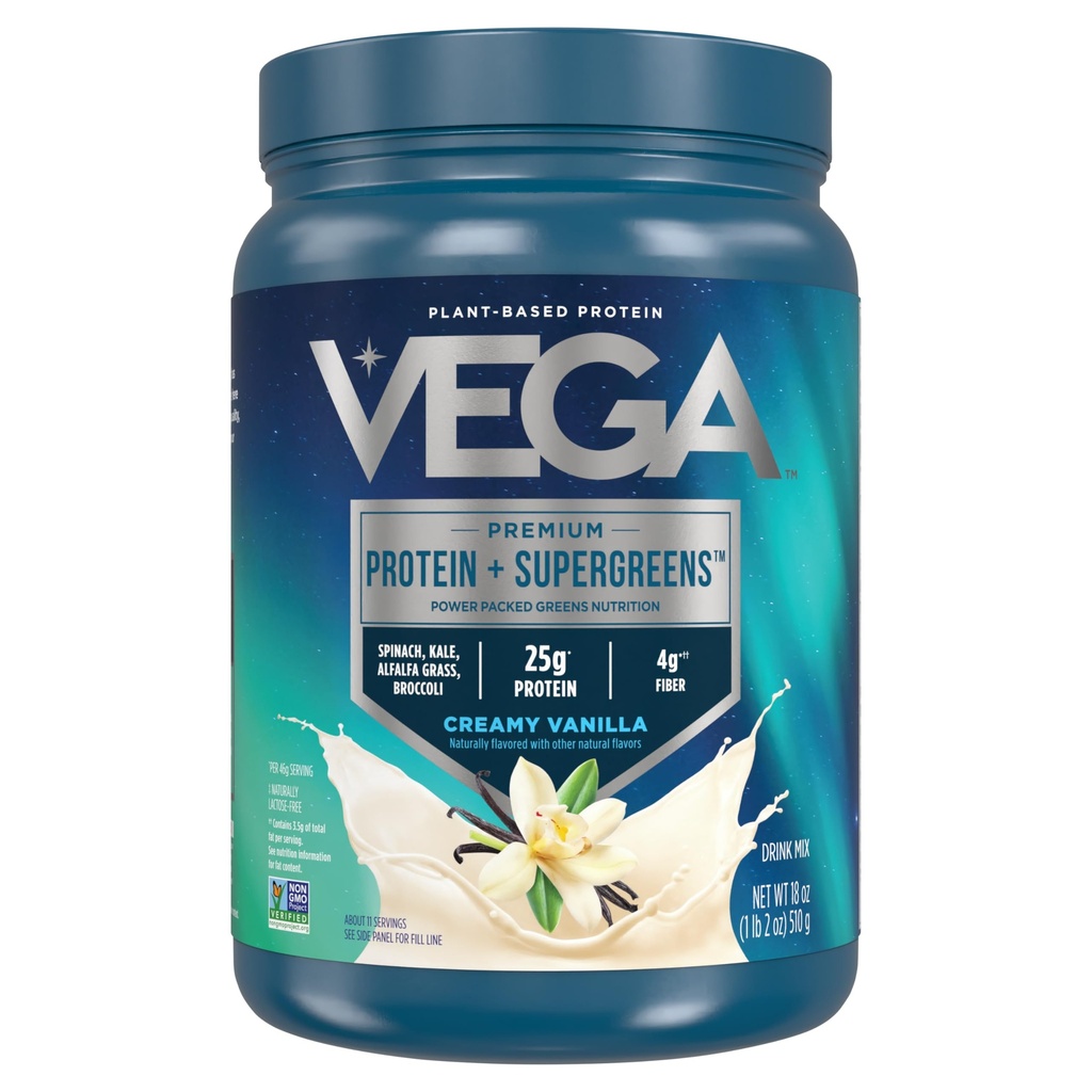 Vega Protein and Greens Protein Powder Krémová Vanilla (11 Servings) 25g Plant Based Protein Plus Veggies, Vegan, Non-GMO, Pea Protein for Women and Men, 1.2lbs