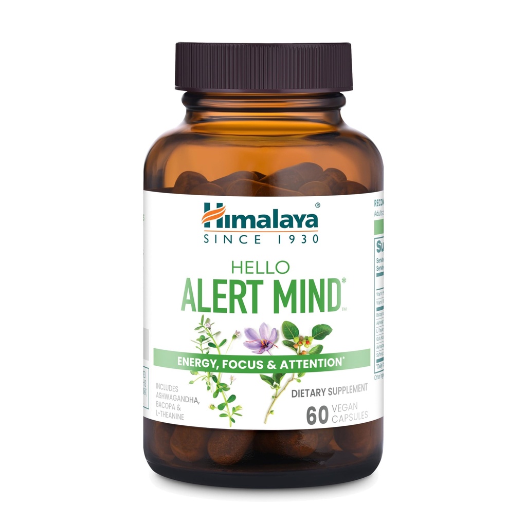 Himalaya Hello Alert Mind with L-Theanine, Ashwagandha, Bacopa, Vitamín B6 & B12, for Energy, Focus & Attention, Vegan, Gluten Free, 60 Kapsule