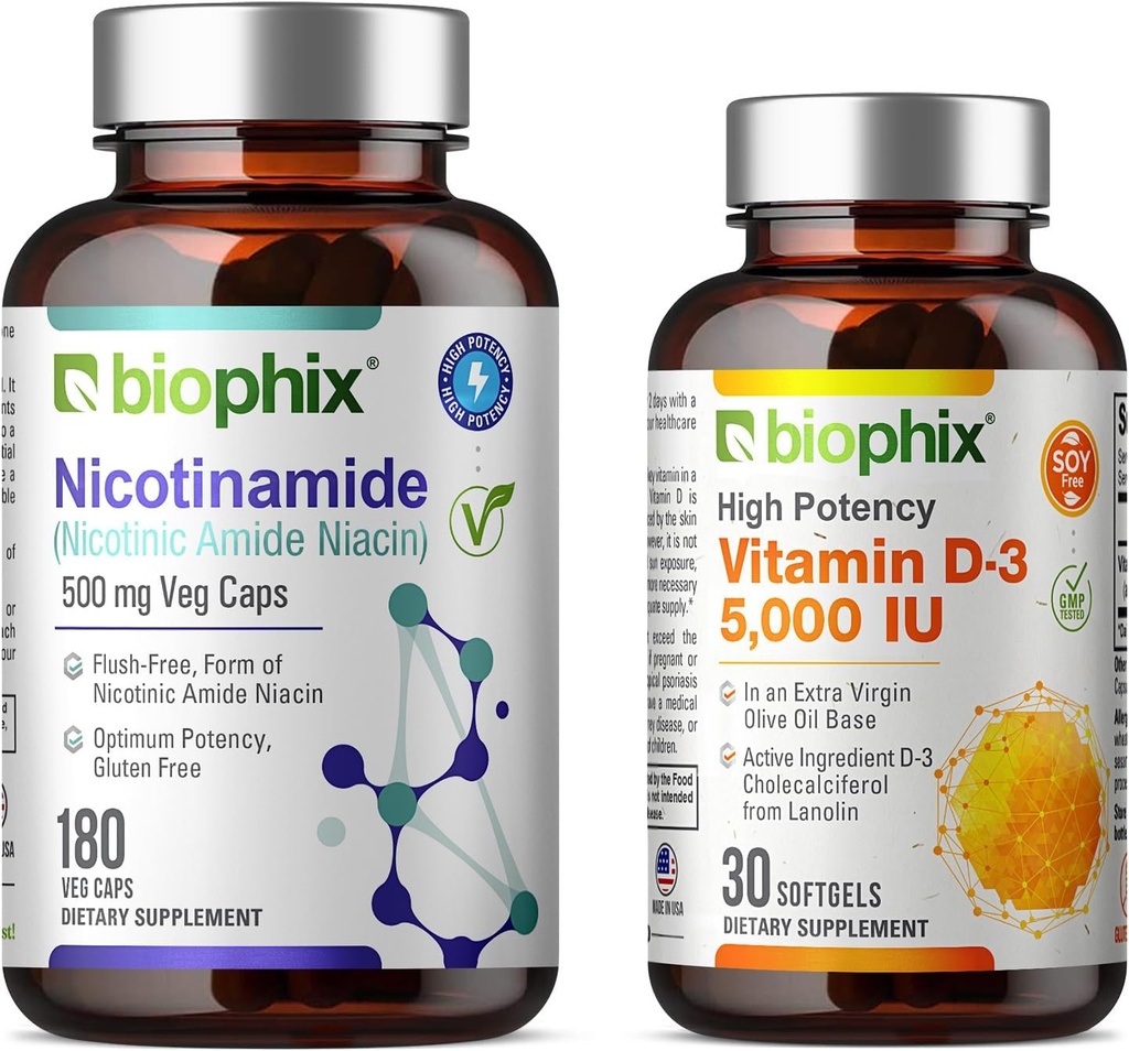 biofil B-3 nikotínamid 500 mg 180 Vkaps Plus voľný vitamín D-3 5000 IU 30 Softgels - Nicotinic Amide Niacin Natural Flush-free vitamín Formula - podporuje zdravie kožných buniek
