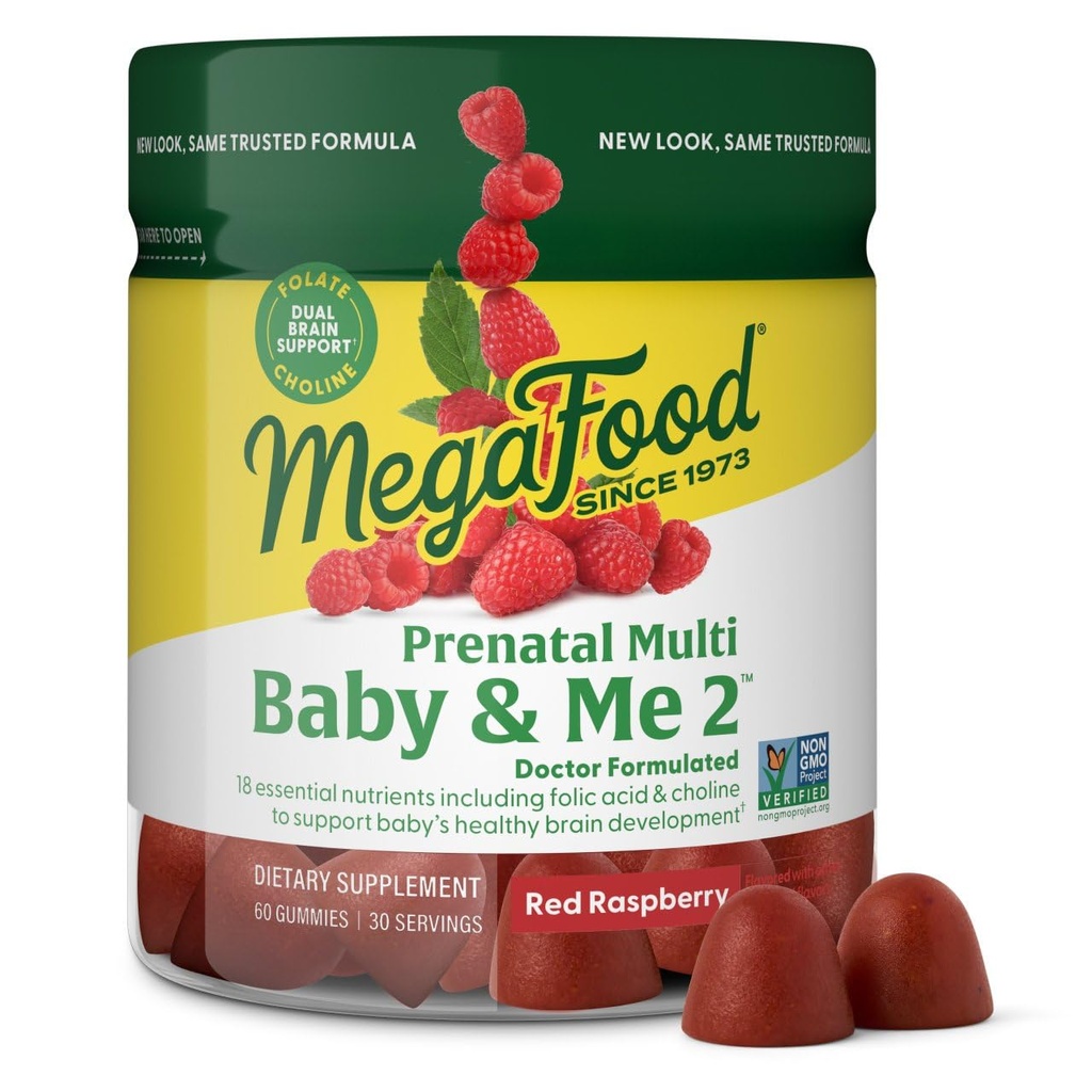 MegaFood Baby & Me 2 prenatálne vitamíny pre ženy Gumies s kyselinou listovou a cholín pre dieťa a rozvoj mozgu; Plus skutočné ovocie- červená malinová príchuť - 60 Gumies (30 porcií)