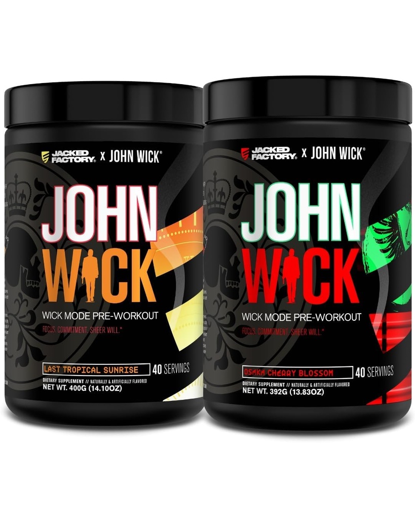 Jacked Factory X John Wick - Wick Mode pred tréningom Powder - Intenzívna energia, Boj-Ready Focus, nezastaviteľný záväzok, a Sheer Will - Posledná Tropical Sunrise & Osaka Cherry Blossom (80 Servings)