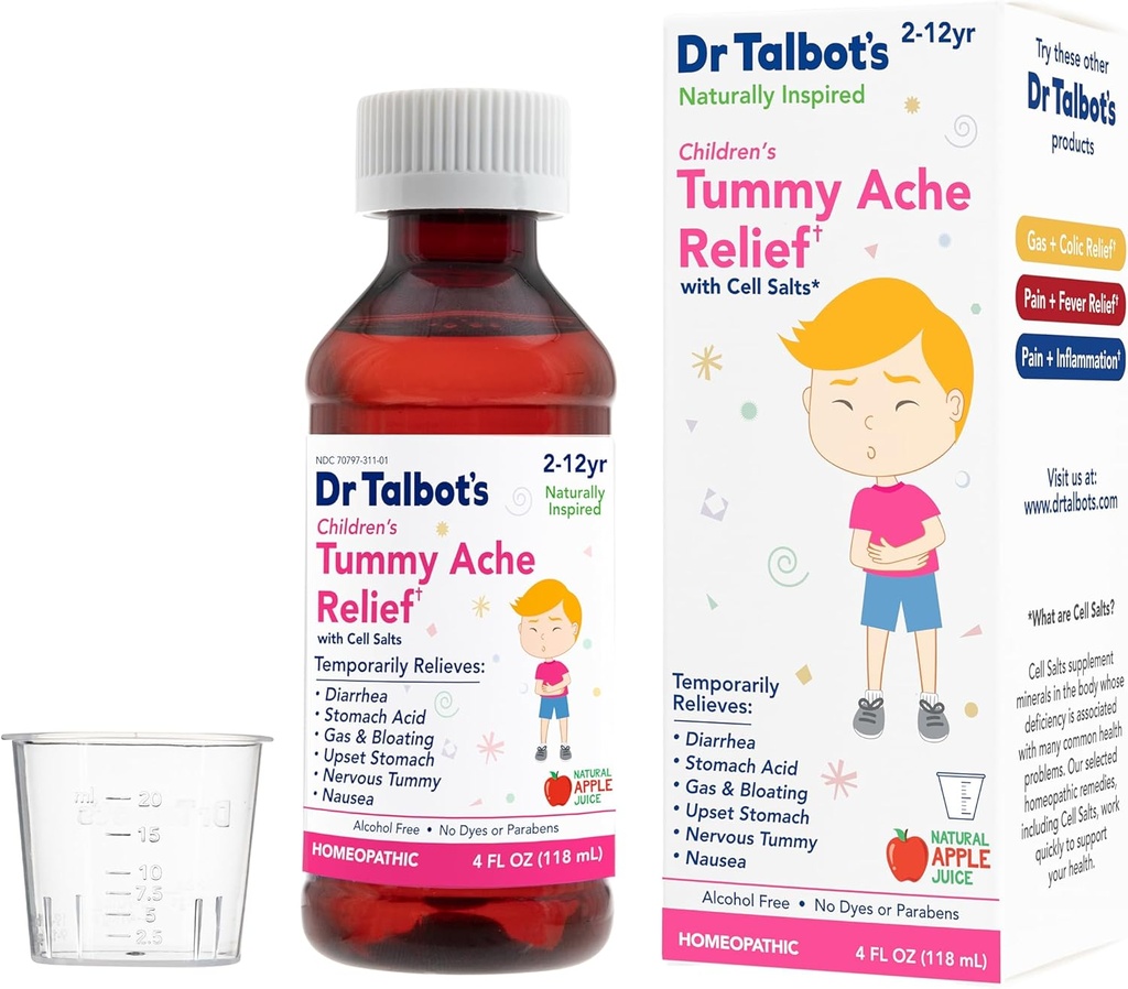 Dr. Talbot's Children's Tummy Ache Relief Medicine - 4 oz - Zahŕňa dávkový pohár - pre 2-12 rokov staré - Prírodné Apple chuť (Backaging Varies)