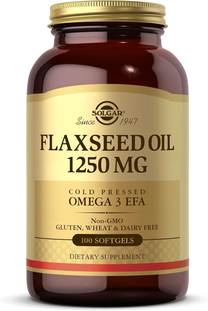 Solgar Ľanový olej 1250 mg, 100 Softgels - Organic, Cold-Pressed Omega 3 Essential Mastné kyseliny - podporuje srdce, Immune & Skin Health - Non-GMO, Gluten Free, Dairy Free - 50 Servisov