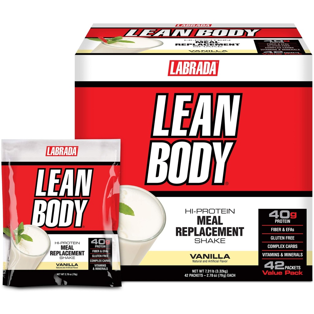 Labrada Lean Body MRP All-In-One Vanilla Strava Replacement Shake, 40g Protein, Srvátka Blend, 8g Zdravé tuky EFA & Fiber, 22 Vitamíny a minerály , Žiadna umelá farba, bez lepidla, (42 paketov)