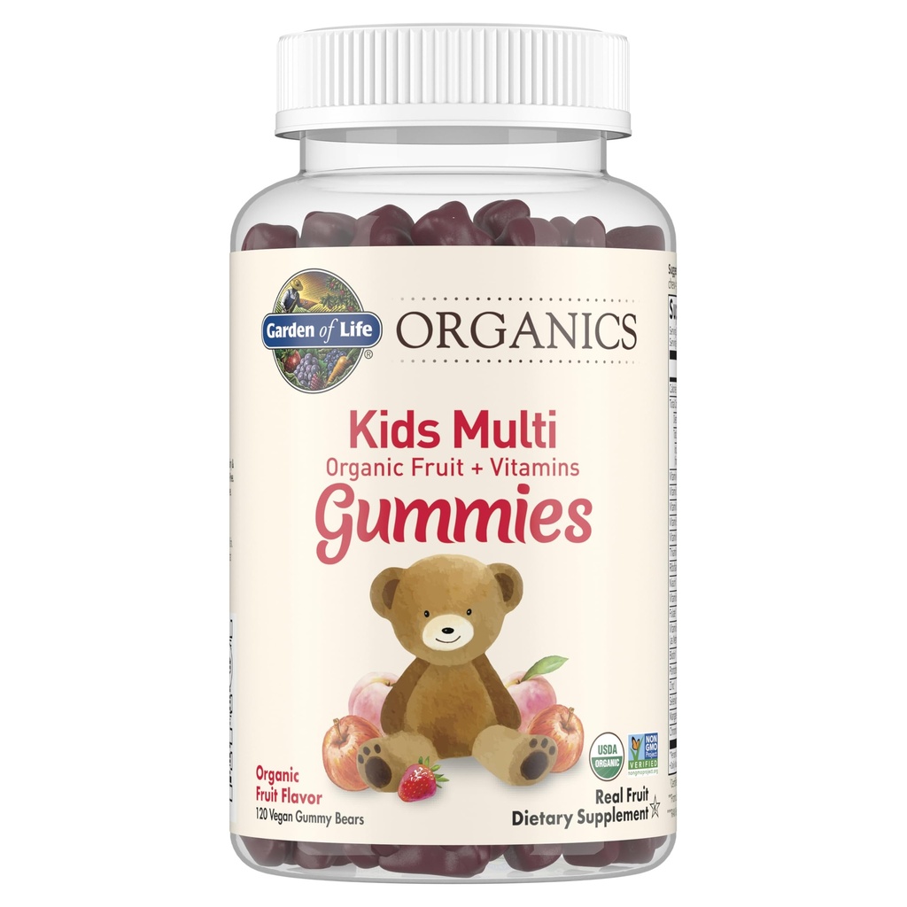 Záhrada života Organics Detské Gummy Vitamíny - Ovocie - Certified Organic, Non-GMO & Vegan Complete Children's Multi - B12, C & D3 - Gluten, Soy & Dairy Free, 120 Real Fruit Chew Gummies