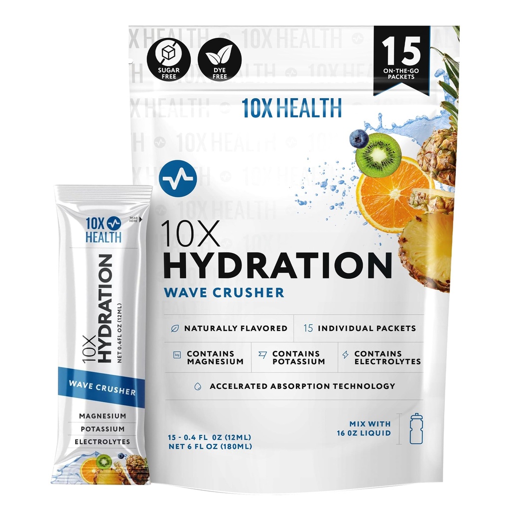 10X Zdravie Hydratačné balíčky Wave Crusher Electrolyte Nápoj Mix Tekuté 15 Stickpacks with Magnézium Citrate, Sodík & Draslík - Natural Aromed Electrolyte