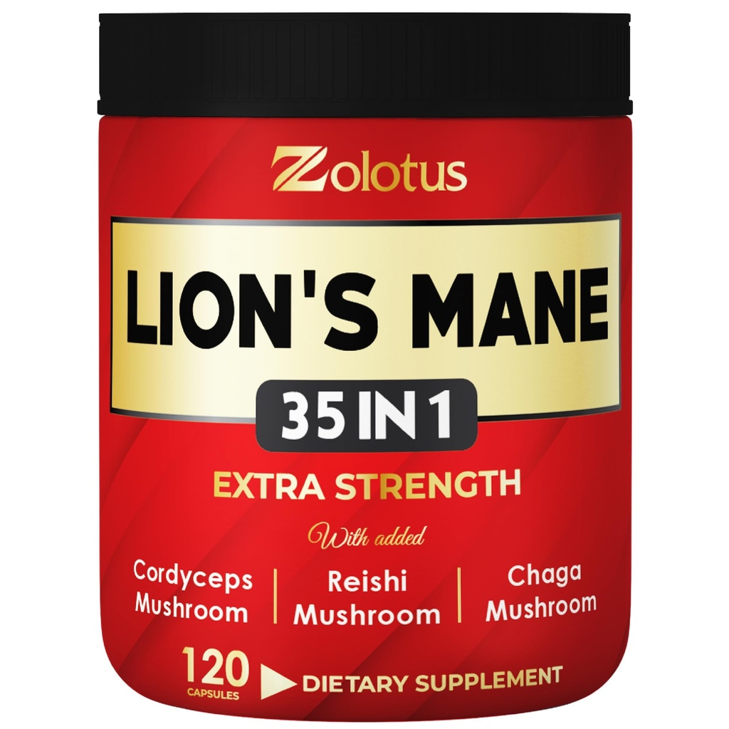 Zolotus 35 v 1 Lions Mane Mushrom Capsulas Cordeyceps, Reishi, Elderberry, Ashwagandha, Panax Ginseng - 120 gróf