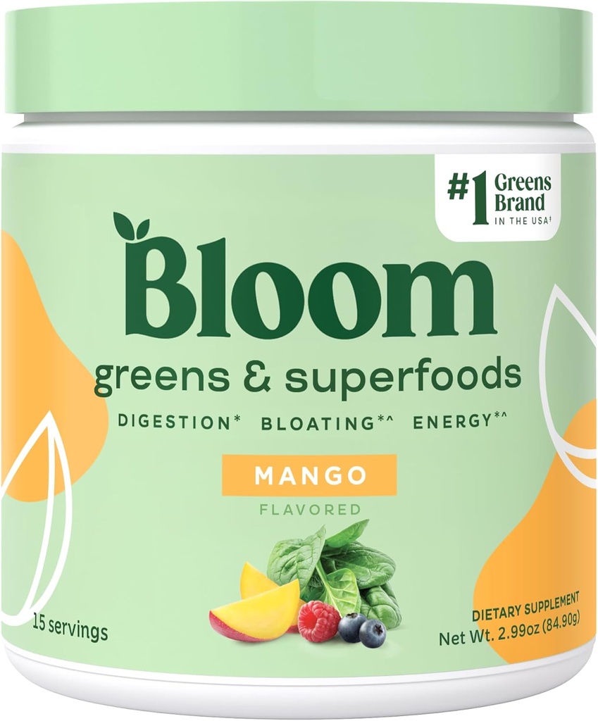 Bloom Nutrition Superfood Greens Powder, Digestive Enzymes w/Probiotiká & Prebiotiká, Gut Health, Bloating Relief for Women, Chlorella, 15 SVG (15 Servings (Pack of 1), Mango)