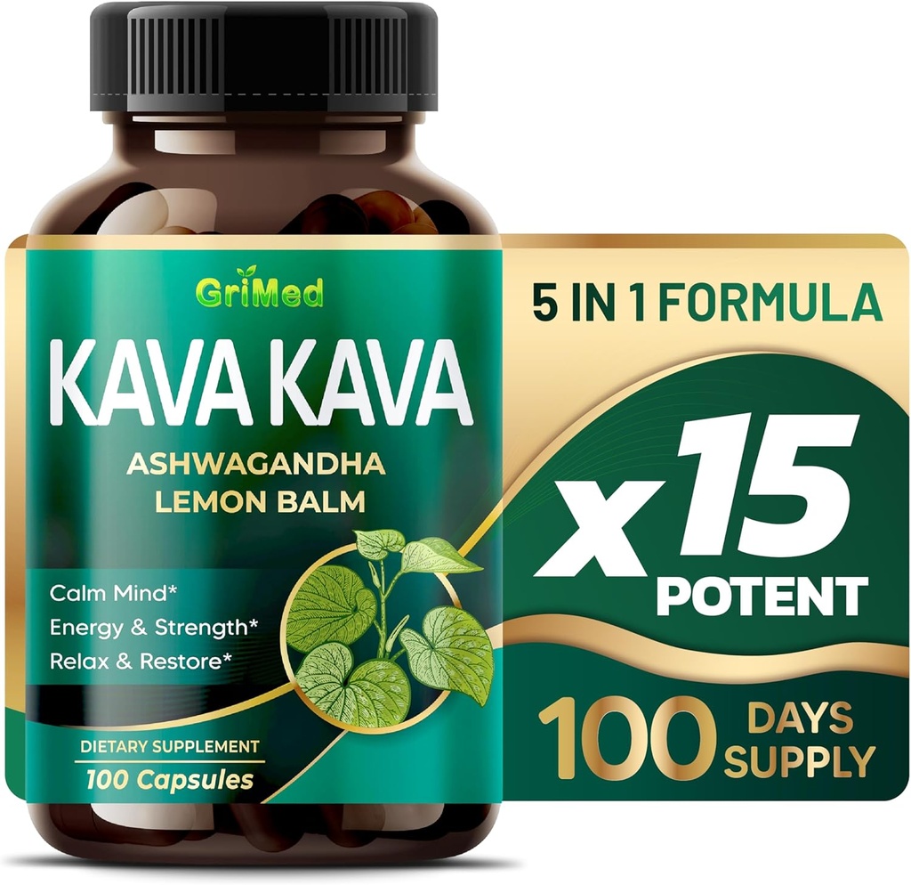GriMed Kava Kava 19,700mg - X 15 Power with Ashwagandha Lemon Balm - Sila, Relax, Obnoviť, Pokoj - Made in USA (100 Počet (Pack of 1))