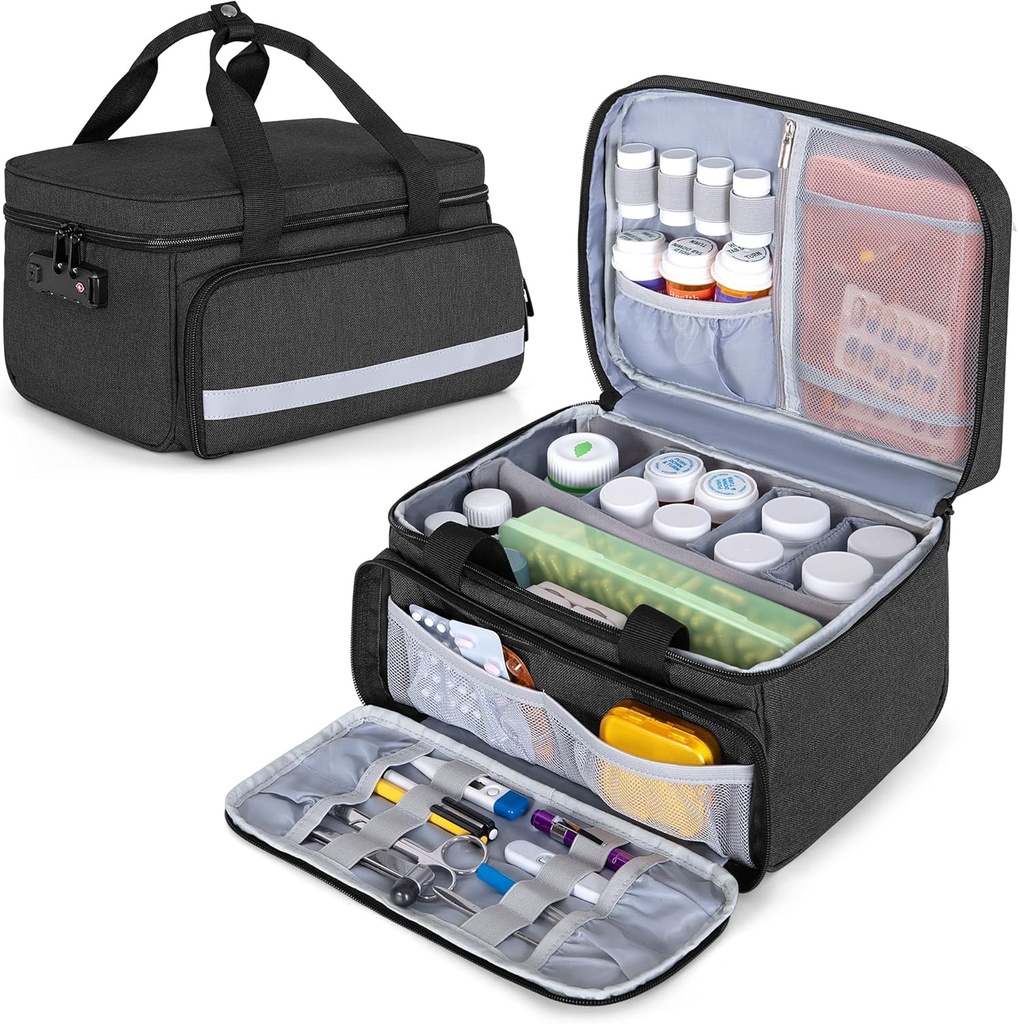 CURMIO pilulka Organizátor úložisko, Medika Lock Box pre pilulky Organizátor a lekárske dodávky, čierna (Patented Design)
