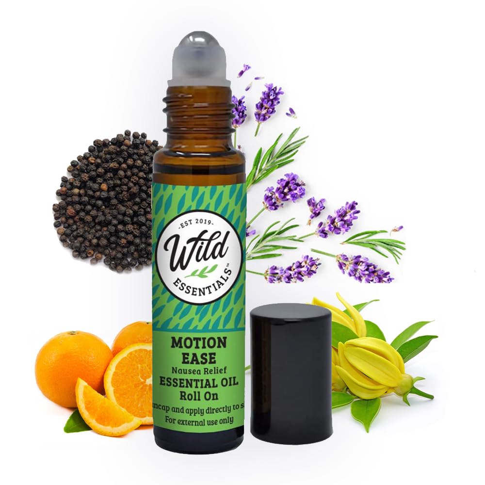 Divoké Essentials Motion Essential Oil Roll On, 10ml Motion Disease, Nauzea, Upset Žalúdok, Vertigo, Dizzy, Seasick, Carsick, Made with Organic Jojoba Oil, pripravený na použitie, Hydratačné, Všetky prírodné