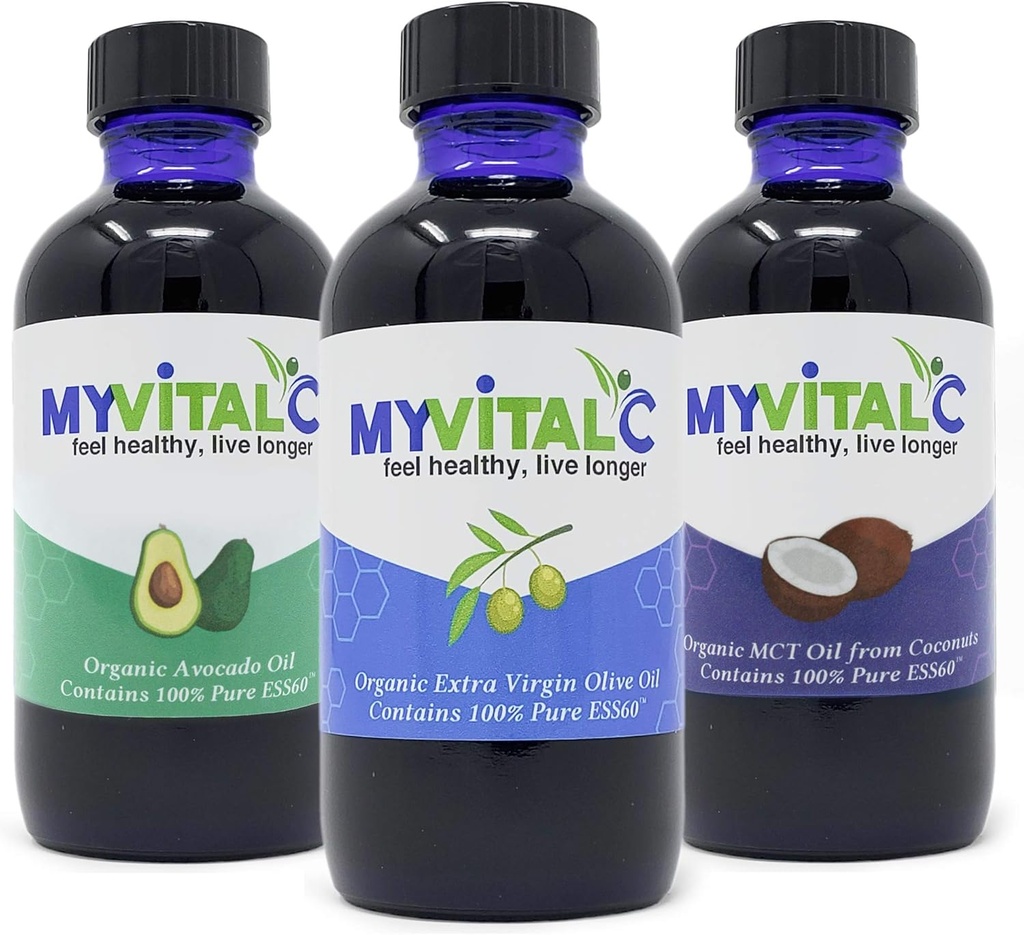 MyVitalC Combo organického extra panenského olivového oleja, MCT a avokádového oleja - ESS60 Antioxidant doplnok - pre anti-Aging, dlhovekosť, spánok, energia - balenie 3