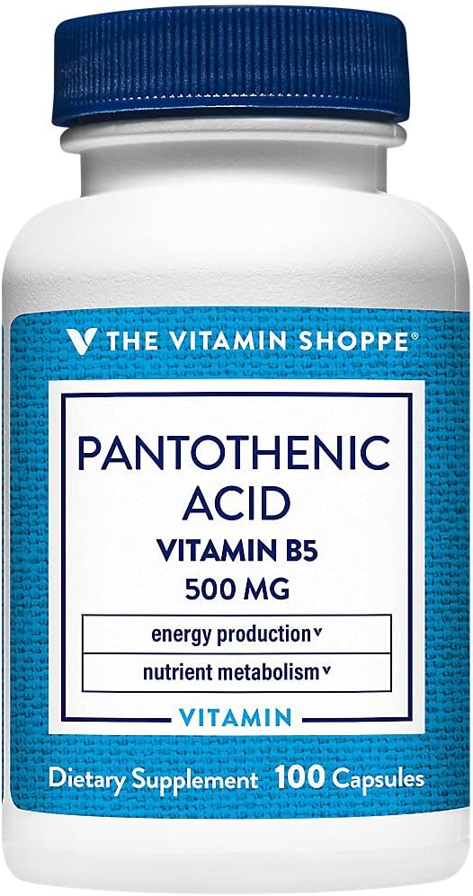 Vitamín Shoppe Kyselina pantoténová 500MG, s vitamínom B5, podporuje výrobu energie a vlasy, koža, nechty, raz denne (100 kapsúl)
