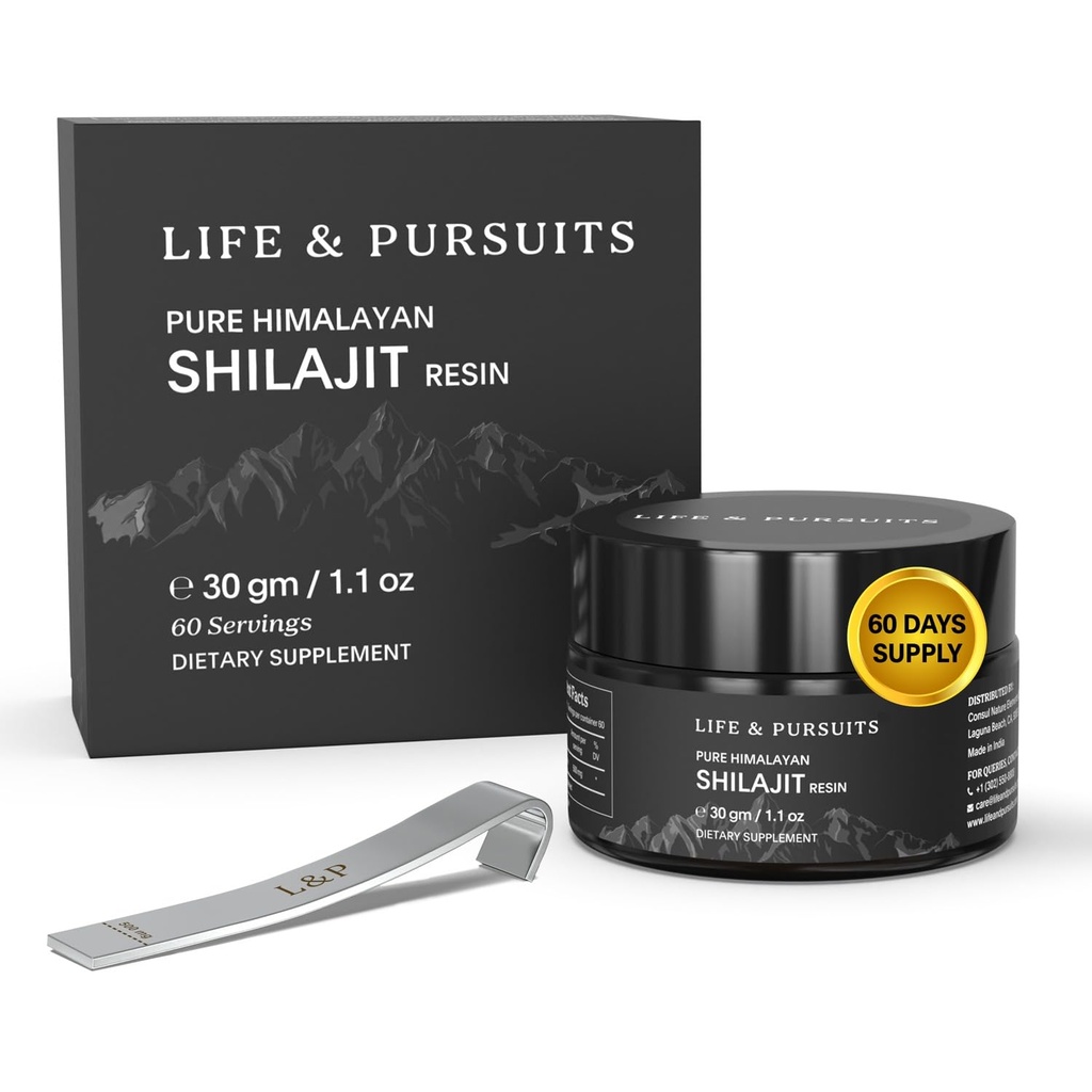 Life & Pursuits 100% Pure Real India Himalayan Shilajit Resin, 1.1 oz 500mg, Minimum 75% Fulvic Acid, 85+ Trace Minerals, Dietary Supplement for Men 3. Party Lab Test Report, 60 Servings (Pack of 1)