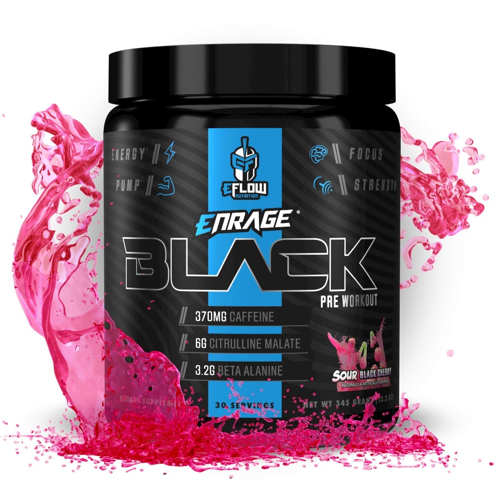 eFlow Nutrition Enrage Black High Stimulant Pred tréningu doplnok - Predworkout prášok na zvýšenie energie, čerpadlá a sily - 4 príchute (30 Servings) (Sour Black Cherry)