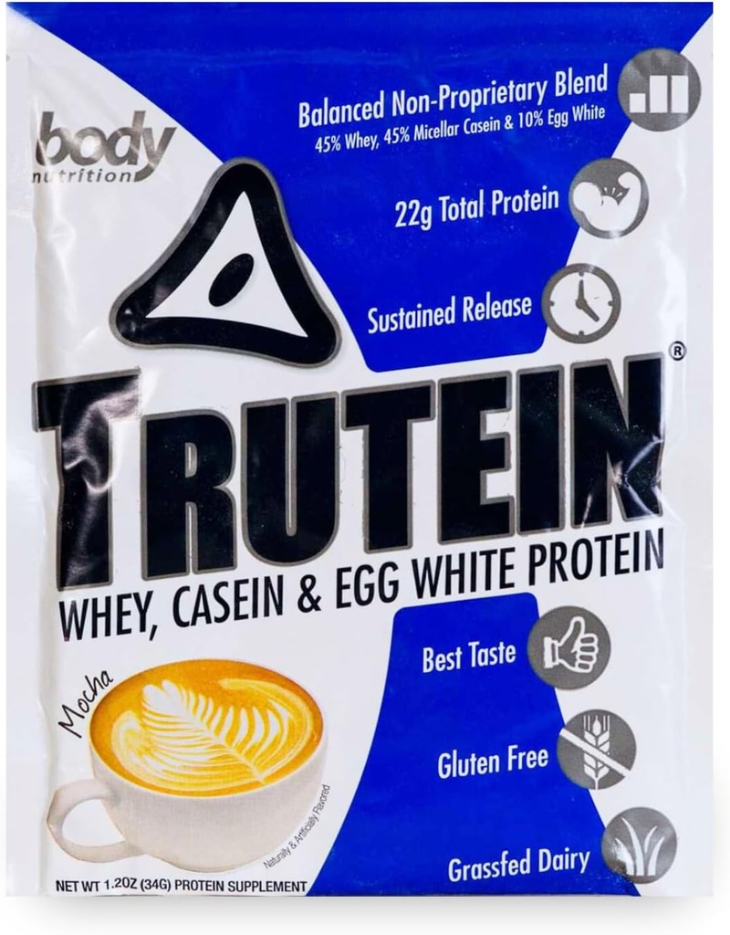 Telová výživa Trutein prášok s vysokým obsahom bielkovín: 45% srsť, 45% Casein, 10% Vaječná bielka, bez lepidla, nízky sodík, tráva Fed Srvátka Proteín prášok, Gym Supplement & Breakfast Shake, Mocha, 34g Vzorka