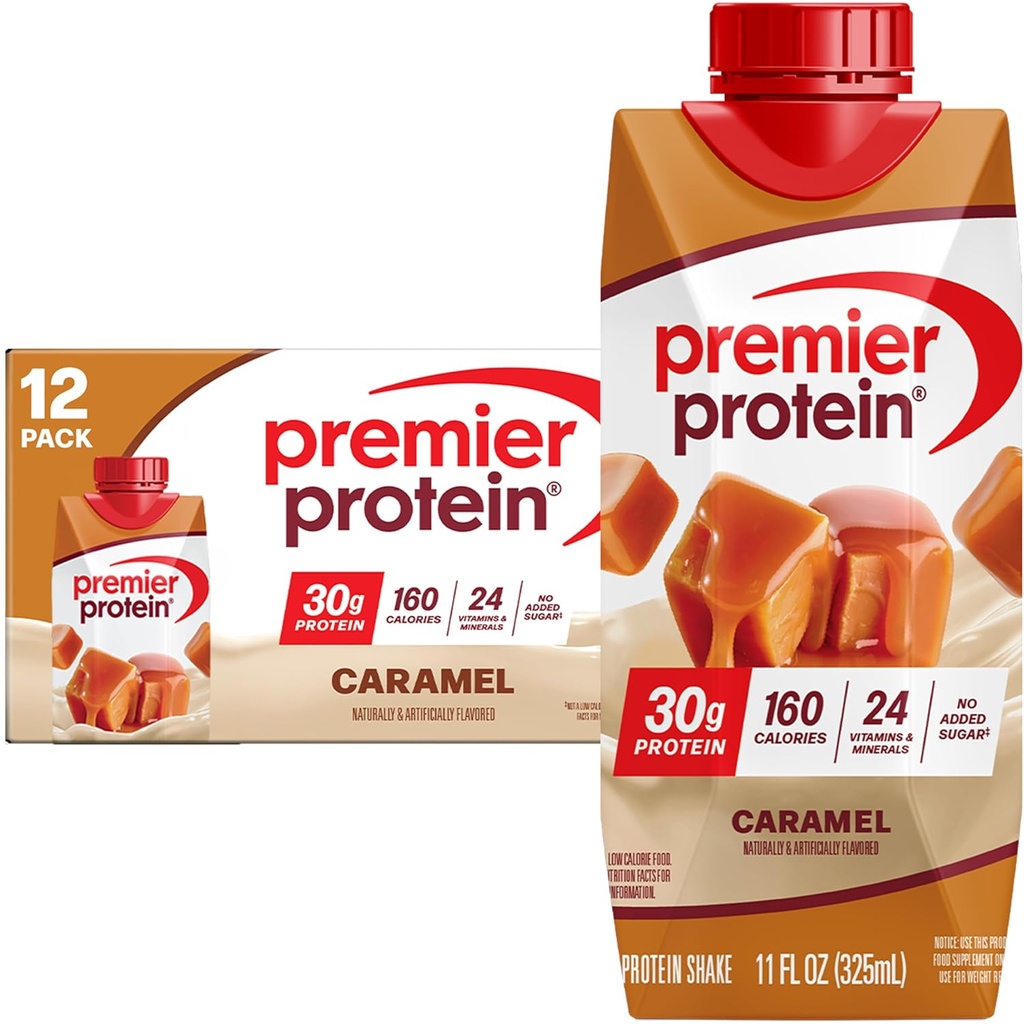 Premier Protein Shake, Caramel, 30g Protein, 11 fl oz, Balenie 12 (Backaging May Vary)