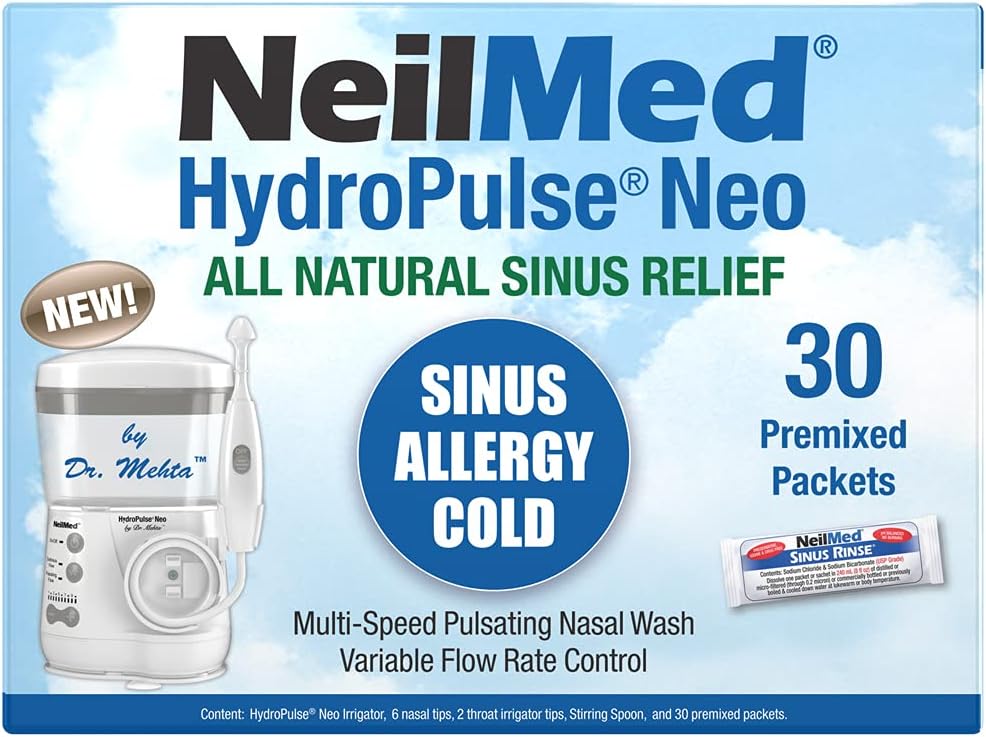 NeilMed HydroPulse Neo. Multi-Speed elektrické pulzujúce Nasal Sinus zavlažovanie systém s 30 Sinus Rinse Premixované pakety.
