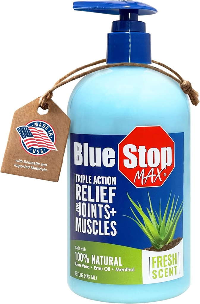 Blue Stop Max Massage Gél pre bolesti tela, 16 oz Pumpa fľaša; 3 v 1 produkt uľaví telesné bolesti, podporuje kĺby a vyživuje pokožku