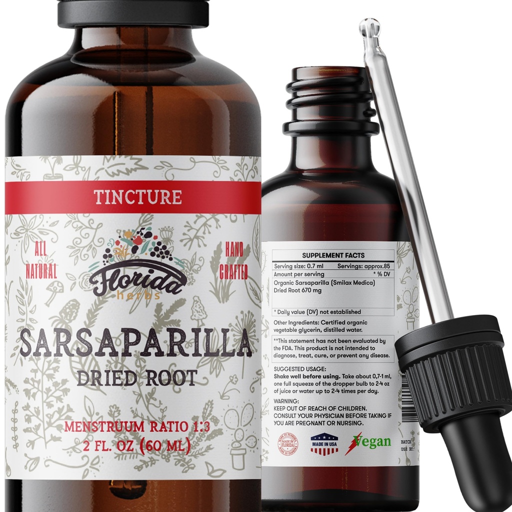 Sarsaparilla Tincture, Organic Sarsaparilla Extract (Smilax Medica) Sušený koreň, bez GMO v zeleninovom glyceríne 2 oz, 670 mg