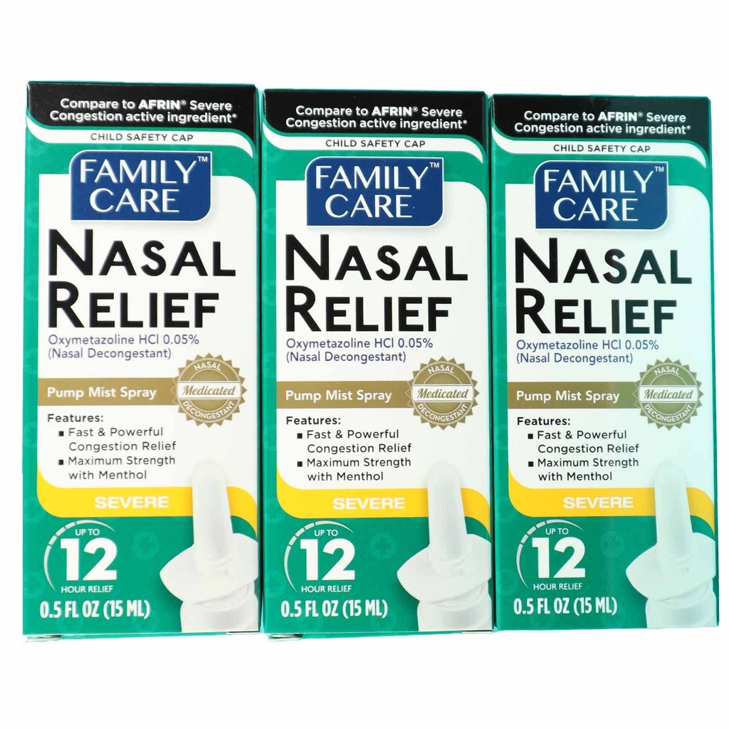 FamilyCare Nosal Relief Spray, Pump Mist, Anti-drip, Ťažká kongescia, (Oxymetazolín HCI) 12 hodín, 3 balenia