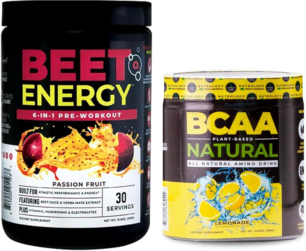 Nutrology Beet Natural O2, pred cvičením prášok, mučenka ovocná príchuť (30 slúži) BCAA prírodné, Plant Based BCAA prášok, citrónová príchuť (30 slúži)