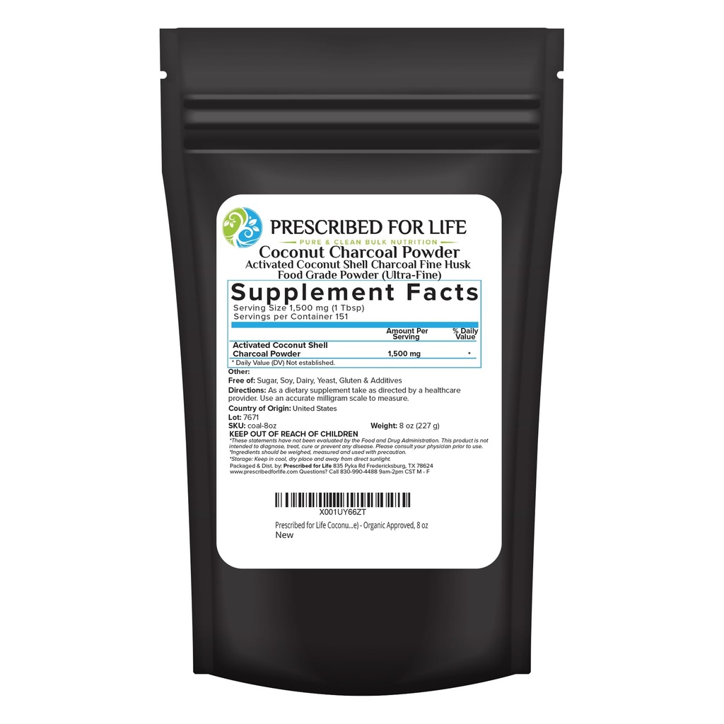 Predpísaný pre život Aktivovaný prášok na Charcoal, Kokosový šelel Charcoal Powder na vlasy Ultra Fine Husk (8 oz)