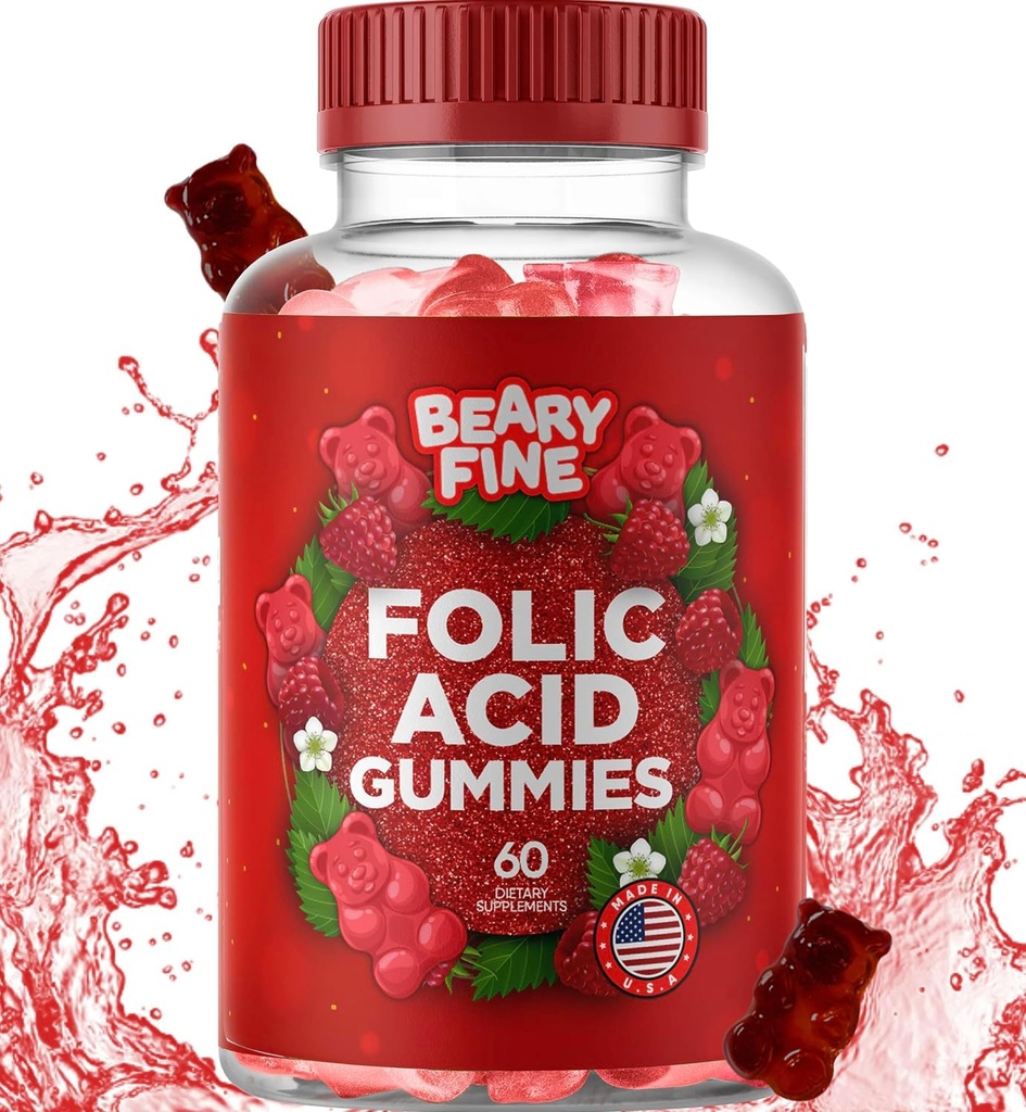 Folic Acid Gummies 400mcg - Essential Prenatal & Gravidity Gummy pre ženy, mamičky a dieťa byť - 60 Malinová Ochutené folátová Gummy vitamíny - Vyrobené v USA