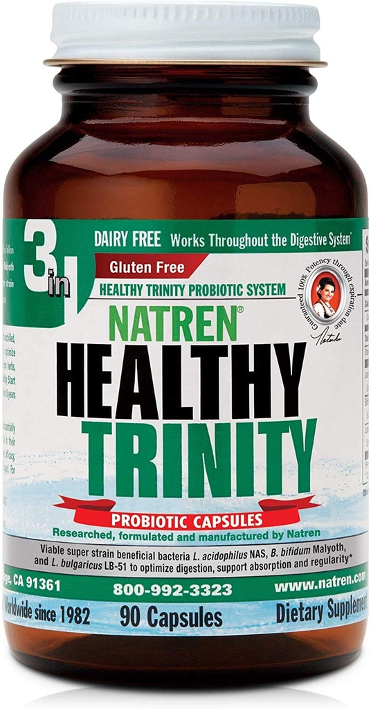 Natren Healthy Trinity Probiotiká Supplement - 90 Dairy and Gluten Free Gel Capsulas - Improve Gut and Digestive Health, 30 miliárd CFU - Lactobacillus Acidophilus, Bifidobacterium, Bulgaricus