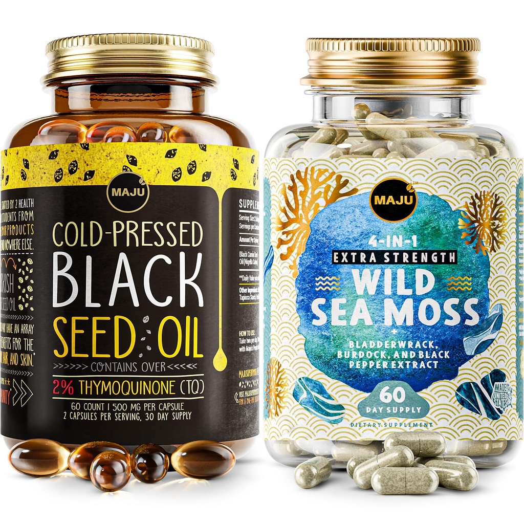 Maju Superfoods 4-in-1 More Moss Capsules and Black Seed Oil Capsules Bundle