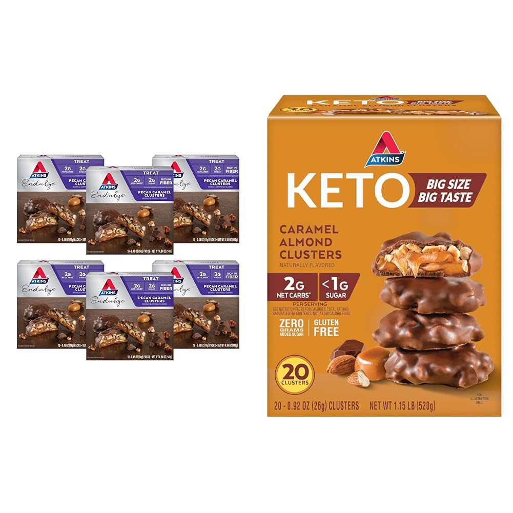 Atkins Pecan Caramel & Caramel Almond Clusters, 60 & 20 Gróf, High Fiber, Low Sugar, Low Carb