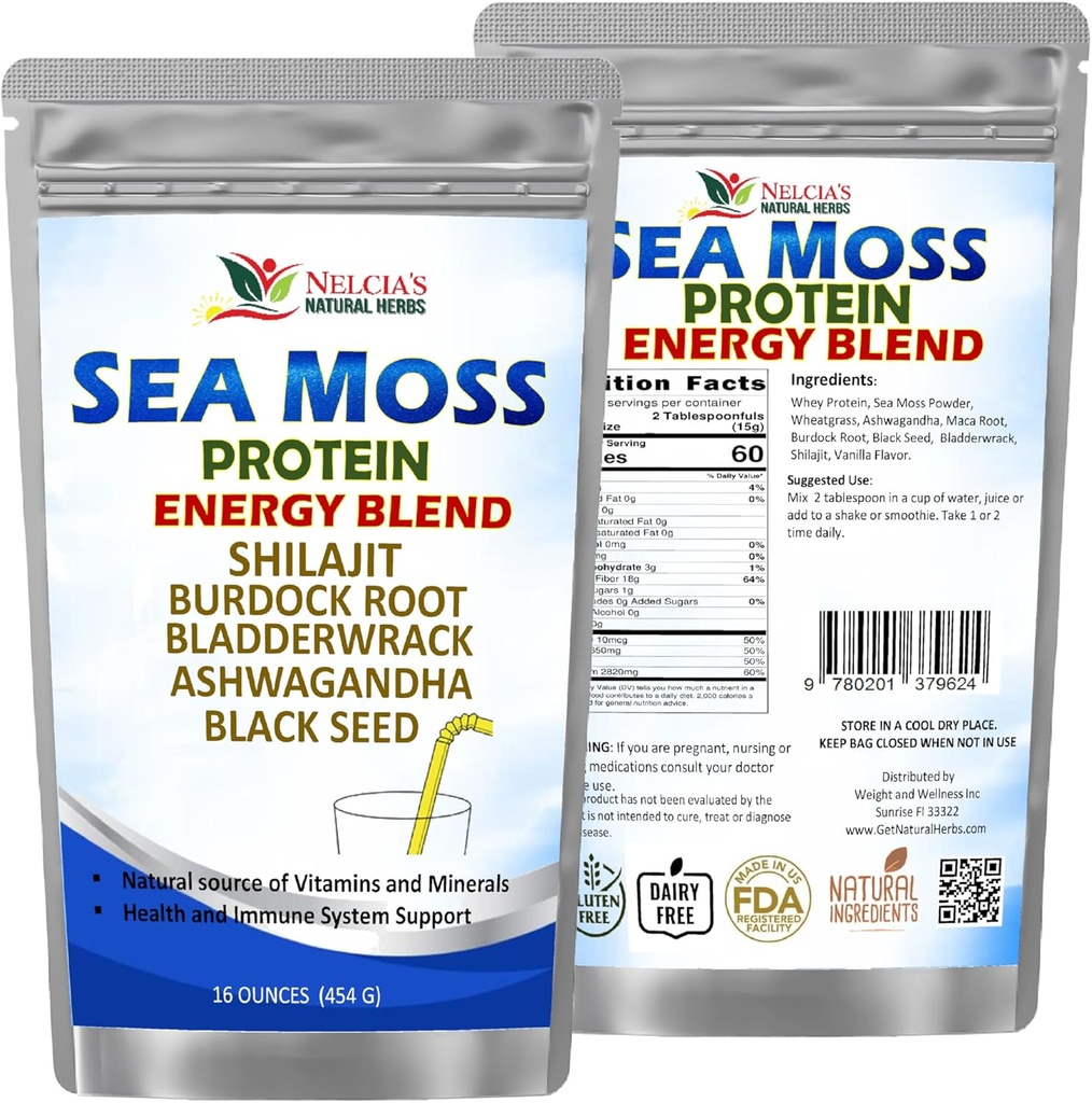 NELCIA'S NATURAL HERBS Sea Moss Ashwagandha Protein Powder -Natural Irish Sea Moss, Bladderwrack and Burdock Root, Black Seed and Shilajit Powder (16oz)