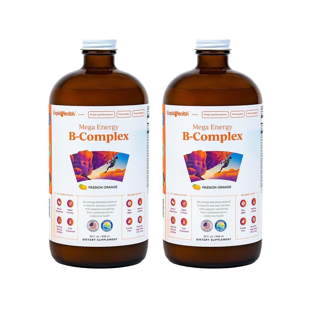 LIKVIDNÁ HEALTHA Mega Energy Metylated B- Complex, dospelý tekutý vitamín doplnok - zvýšenie energie, Relief Stres & Únava, Immune Support, Heart & Gut Health - Made in USA, Vegan, Bez cukru (2 balenia)